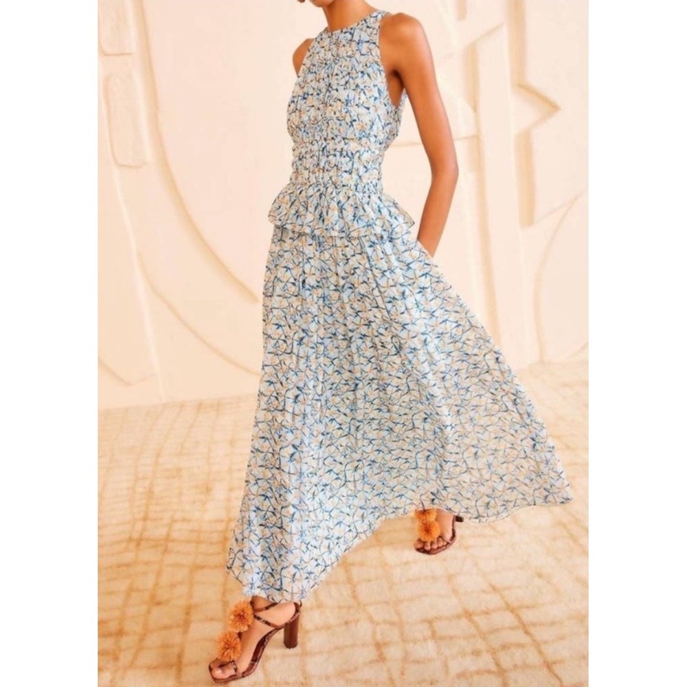 Ulla Johnson Adeline Dress in Idalia Blue Silk Floral Smocked Midi Size 4